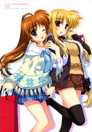 2girls absurdres bag blonde_hair blush couple fate_testarossa fujima_takuya happy highres locked_arms long_hair lyrical_nanoha mahou_shoujo_lyrical_nanoha mahou_shoujo_lyrical_nanoha_vivid multiple_girls official_art open_mouth orange_hair purple_eyes red_eyes safe short_shorts shorts side_ponytail simple_background smile surprised takamachi_nanoha thigh-highs thighhighs very_long_hair violet_eyes white_background yuri // 2472x3544 // 1.1MB