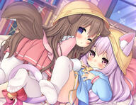 2girls all_fours animal_ear_fluff animal_ears azur_lane bed blue_eyes blue_shirt blush brown_hair cat_ears cat_girl cat_tail clothing commentary_request commission commissioner_upload contentious_content convenient_leg crescent crescent_hair_ornament dog_ears dog_girl dog_tail feet female female_focus fumizuki_(azur_lane) girl_on_top hair_ornament hairclip hand_on_another's_chest hand_on_chest hand_on_own_chest hat headwear high_resolution highres indoors inumimi kindergarten_uniform kisaragi_(azur_lane) kupuru_(hirumamiyuu) legs legwear loli lolibooru long_hair looking_back lying multiple_girls nekomimi no_shoes on_back on_top one_eye_closed open_mouth pantyhose pillow pink_eyes pink_hair pink_shirt pink_skirt questionable ribbon safe school_hat school_uniform sensitive serafuku shirt skeb_commission skirt smile soles tail tail_ornament tail_ribbon thighhighs thighs toes uniform very_long_hair white_legwear white_pantyhose white_thighhighs window yellow_headwear yellow_skirt yuri // 1997x1544 // 829.9KB