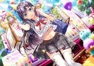 belly blue_eyes blush braid braids clouds cropped food fujima_takuya garter_belt ice_cream konachan.com long_hair navel original purple_hair safe school_uniform sky stomach thighhighs thighs uniform // 1585x1117 // 2.5MB