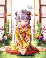 1girl backlighting bangs closed_eyes closed_mouth commentary_request cushion day double_bun eyebrows_visible_through_hair eyes_closed facing_viewer female floral_print flower fujima_takuya hair_flower hair_ornament indoors isekai_ni_tobasaretara_papa_ni_nattandaga japanese_clothes kadomatsu kimono long_hair long_sleeves mocochin obi orurea_(isepapa) pink_flower print_kimono purple_flower purple_rose robe rose safe sash silver_hair smile solo twitter_username very_long_hair wafuku white_flower white_hair white_rose wide_sleeves yellow_kimono zabuton いせパパ_謹賀新年 エレガント 和服 異世父（いせパパ）_謹賀新年 異世界に飛ばされたらパパになったんだが 藤真拓哉@シグルリ 騎士的公主養成 아이들프린세스 // 945x1169 // 301.0KB