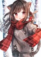 1girl animal_ears apparel_long_sleeves apparel_scarf apparel_sweater apparel_sweater_dress bangs blush bow brown_hair cat_ears cat_tail depth_of_field fangs heripiro long_hair open_mouth original outdoors red_eyes sidelocks skin_fang smiling snow swept_bangs winter winter_clothing ご主人さま、あそぼ！ ぴろ瀬 オリジナル 創作 女の子 // 1296x1812 // 2.6MB