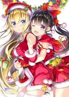 2girls bell black_hair blonde_hair blue_eyes blush bow bowtie box breasts christmas christmas_tree_hair_ornament claudia_bruford clothing clothing_request copyright_request cowboy_shot cowtits embracing eyebrows_visible_through_hair female flat_chest fujima_takuya gift gift_box gloves hair_ornament hair_ribbon hug hug_from_behind hugged_from_behind large_breasts legwear lolibooru long_hair looking_at_viewer looking_to_the_side muguruma_miyako multiple_girls official_art one_eye_closed pettanko purple_eyes questionable red_bow red_bowtie red_gloves red_headwear red_neckwear red_ribbon ribbon safe senyoku_no_sigrdrifa simple_background star_(symbol) thigh-highs thighhighs thighs violet_eyes white_background white_legwear yuri // 600x849 // 157.1KB