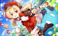 1girl 2 ahoge arm_up artist_name ass backpack bag bangs black_footwear blonde_hair bloomers blurry blurry_background blush boots brown_gloves cabbie_hat child cloud commentary_request d day dodoco_(genshin_impact) dress dutch_angle eyebrows eyebrows_visible_through_hair feathers female flower fujima_takuya general genshin_impact genshinimpact gloves grasslands hair_between_eyes hat hat_feather klee klee_(genshin_impact) knee_boots landscape leaf loli lolibooru long_hair long_sleeves looking_at_viewer looking_back low_twintails medium_hair mocochin mountain nature one_arm_up open-mouth_smile open_mouth orange_eyes outdoors outside plant pointed_ears pointy_ears red_dress red_eyes red_flower red_headwear rock safe sankaku_channel shoe_soles shoes short_shorts shorts sitting sky slime slime_(genshin_impact) smile solo text tied_hair twin_tails twintails twitter_username underwear upper_teeth white_flower white_shorts yellow_flower ぺたん座り クレー クレー(原神) クレーを遊びに連れてって！ 先生何やってんすかシリーズ 原神 原神5000users入り 可莉 尻神様 藤真拓哉@シグルリ10月放送 // 1026x640 // 735.8KB