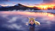 animal_ears blonde blue_eyes fox_girl lake mountainous_horizon mountains sunset tail wallpaper // 1920x1088 // 2.5MB