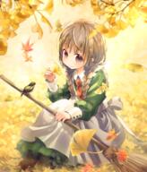1girl animal apron autumn_leaves bangs bird blush boots braid broom brown_eyes brown_footwear brown_hair closed_mouth collared_dress commentary_request cross-laced_footwear day diagonal-striped_necktie dress general ginkgo_leaf green_dress hair_over_shoulder holding holding_broom kuga_tsukasa lace-up_boots leaf long_hair long_sleeves looking_at_viewer low_twintails maple_leaf necktie original outdoors puffy_long_sleeves puffy_sleeves red_necktie sitting smile solo twin_braids twintails white_apron // 1000x1169 // 1.6MB