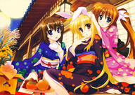 animal_ears blonde_hair blue_eyes brown_hair building bunny_ears bunnygirl ears fate_testarossa food fujima_takuya japanese_clothes kimono lyrical_nanoha mahou_shoujo_lyrical_nanoha mahou_shoujo_lyrical_nanoha_vivid ponytail red_eyes short_hair takamachi_nanoha tied_hair yagami_hayate // 9880x7005 // 9.7MB