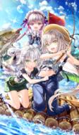 3girls bangs bell black_shirt blue_dress blue_sky blush braid breasts doll_joints dress facial_scar fateapocrypha fateextra fategrand_order fate_(series) fate_apocrypha fate_extra fate_grand_order fish fishing fishing_rod fujima_takuya green_eyes grey_hair hair_between_eyes hair_ornament hat headdress jack_the_ripper_(fateapocrypha) jack_the_ripper_(fate_apocrypha) jeanne_d'arc_(fate)_(all) jeanne_d'arc_alter_santa_lily jeanne_d'arc_alter_santa_lily_(fate) jingle_bell joints lolibooru long_hair maid_headdress multiple_girls nursery_rhyme_(fate) nursery_rhyme_(fateextra) nursery_rhyme_(fate_extra) official_art open_mouth overalls ponytail purple_eyes raft river safe scar scar_across_eye scar_on_cheek scar_on_face shirt short_hair short_sleeves shoulder_tattoo sky sleeveless small_breasts smile straw_hat tattoo twin_braids very_long_hair water white_hair white_shirt yellow_eyes // 512x875 // 942.1KB