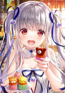 1girl bangs bare_arms bare_shoulders blue_ribbon blurry blurry_background breasts commentary_request cupcake d depth_of_field dress eyebrows_visible_through_hair female female_only female_solo food fujima_takuya grey_hair hair_ornament hair_ribbon high_resolution highres holding holding_food holding_object indoors isekai_ni_tobasaretara_papa_ni_nattandaga long_hair mocochin open-mouth_smile open_mouth orurea_(isepapa) red_eyes ribbon safe saucer small_breasts smile solo strapless strapless_dress teeth tied_hair twintails twitter_username upper_body upper_teeth very_long_hair white_dress いせパパ応援イラスト_おやつタイム♫ かわいい カップケーキ ロリ 異世界に飛ばされたらパパになったんだが 藤真拓哉@シグルリ 騎士的公主養成 아이들프린세스 // 836x1200 // 1.0MB