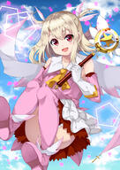 blonde_hair boots dress fate fatekaleid fatekaleid_liner_prisma_illya fate_(series) feathers flying footwear gloves happy high_resolution illyasviel_von_einzbern long_hair magic magical_girl pink_eyes sky thigh-highs urture urukaze wand // 992x1403 // 973.6KB