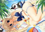 beach beach_ball bikini blonde_hair blue_eyes bracelet checkered checkered_bikini chocolate cleavage clothing fixed front-tie_top fujima_takuya hair_bobbles high_res jewelry lying mizugi on_side open_mouth oppai penguin polka_dot polka_dot_bikini polka_dot_swimsuit sandals smile swimsuit swimwear tagme thigh_band tied_hair twintails water // 1400x993 // 473.8KB