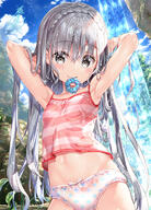 1girl armpits arms_up bangs bare_arms bare_shoulders blue_scrunchie bow bow_panties braid breasts camisole commentary_request crown_braid day eyebrows_visible_through_hair fujima_takuya grey_eyes grey_hair hair_between_eyes hair_ornament hair_scrunchie hair_tie_in_mouth long_hair looking_at_viewer mocochin mouth_hold navel original outdoors panties polka_dot polka_dot_panties safe scrunchie small_breasts solo standing striped_camisole underwear underwear_only very_long_hair water waterfall wet wet_clothes white_panties 「ん？_……どこ見てるの?」 ぱんつ オリジナル オリジナル5000users入り オリジナル7500users入り パンツは見せつけるもの ロリ 咥え髪留め 極上の貧乳 水玉パンツ 腋 藤真拓哉 藤真拓哉@シグルリ 藤真拓哉@シグルリ10月放送 銀髪ロング 高品質パンツ // 540x749 // 495.2KB
