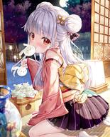 1girl black_skirt blurry blurry_foreground bow clothing commentary_request depth_of_field detached_sleeves double_bun eating feet female food food_in_mouth footwear frilled_skirt frills from_side fujima_takuya full_moon general grey_hair hair_bun holding holding_food holding_object in_profile indoors isekai_ni_tobasaretara_papa_ni_nattandaga japanese_clothes kimono legwear long_hair long_sleeves looking_at_viewer looking_to_the_side mocochin moon mouth_hold no_shoes obi orurea_(isepapa) pink_kimono pink_sleeves pleated_skirt red_eyes ribbon-trimmed_sleeves ribbon_trim robe safe sash skirt sleeveless sleeveless_kimono sleeves_past_wrists socks soles solo tabi tied_hair twitter_username useless_tags very_long_hair wafuku white_legwear white_socks wide_sleeves yellow_bow いせパパ応援イラスト_♡十五夜とうさぎだんご♡ オルレア 異世界に飛ばされたらパパになったんだが 藤真拓哉@シグルリ 足裏 // 756x935 // 197.9KB