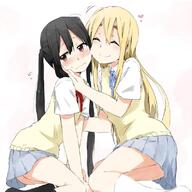 2girls anime black_hair blonde_hair blush closed_eyes closed_mouth eyebrows eyes_closed k-on! kagiana kotobuki_tsumugi long_hair multiple_girls nakano_azusa safe school_uniform simple_background skirt smile twintails white_background yuri // 800x800 // 72.0KB