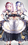 2girls apron bare_shoulders black_gloves black_skirt breasts build_divide character_request closed_mouth clothing commentary_request detached_sleeves female frilled_apron frills fujima_takuya gloves gradient gradient_background grey_background hands_on_another's_shoulder hands_on_another's_shoulders headdress headwear long_hair looking_at_viewer maid maid_headdress medium_breasts mocochin multiple_girls official_art parted_lips pink_hair pleated_skirt puffy_short_sleeves puffy_sleeves purple_eyes purple_hair questionable red_eyes sensitive short_sleeves siblings simple_background sister sisters skirt smile twin twins useless_tags waist_apron white_apron white_background white_sleeves おっぱい ビルディバイド ビルディバイド1000users入り メイド メイドビキニ 双子 悪魔系双児メイド 藤真拓哉@シグルリ // 634x1000 // 638.0KB