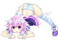 1girl ass binato_lulu blush choker d-pad d-pad_hair_ornament dress hair_between_eyes hair_ornament jack-o'_challenge kami_jigen_game_neptune_v looking_at_viewer neptune_(neptune_series) neptune_(series) open_mouth panties pink_hair purple_eyes purple_hair sensitive short_hair simple_background smile solo striped striped_panties striped_thighhighs thighhighs top-down_bottom-up underwear white_background // 755x529 // 191.1KB