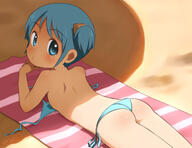 1girl ass beach bikini blue_bikini blue_eyes blue_hair bra bra_removed cube_hair_ornament dfer hair_ornament loli looking_at_viewer naganohara_mio nichijou sensitive striped_towel swimsuit towel twintails underwear // 1258x970 // 293.1KB