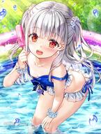 1girl bangs bare_shoulders blue_camisole blush breasts camisole clavicle collarbone commentary_request d day downblouse eyebrows_visible_through_hair female food frills fujima_takuya grey_hair hair_ornament hair_scrunchie hand_up holding holding_food holding_object isekai_ni_tobasaretara_papa_ni_nattandaga leaning_forward long_hair looking_at_viewer mocochin open-mouth_smile open_mouth orurea_(isepapa) outdoors popsicle questionable red_eyes safe scrunchie sensitive small_breasts smile solo standing strap_slip teeth two_side_up upper_teeth very_long_hair wading_pool wardrobe_malfunction water water_drop white_hair_ornament white_scrunchie いせパパ応援イラスト_お庭で水遊び♡ ちっぱい 水着 異世界に飛ばされたらパパになったんだが 藤真拓哉@シグルリ 騎士的公主養成 아이들프린세스 // 706x935 // 202.5KB