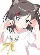 1girl animal_ears black_hair blue_eyes blush bow bright_pupils brown_hair cat_ears collarbone general hair_bow hair_ornament hairpin hands_up hentai_ouji_to_warawanai_neko hentai_ouji_to_warawanai_neko. ixy jewelry looking_at_viewer neck_ribbon nekomimi o paw_pose pink_bow ribbon s safe sankaku sensitive short_hair short_sleeves simple_background solo tsutsukakushi_tsukiko upper_body white_background white_pupils yellow_neckwear yellow_ribbon // 660x902 // 311.7KB