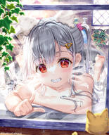 1girl animal bangs barefoot bath bathing bathtub brick_wall cat collarbone commentary_request day drawn_whiskers feet from_outside fujima_takuya glass_writing grey_hair grin hair_ornament hair_scrunchie hairclip highres indoors isekai_ni_tobasaretara_papa_ni_nattandaga looking_at_viewer mocochin nude orurea_(isepapa) pink_scrunchie pointing pointing_at_viewer red_eyes scrunchie sensitive smile soap_bubbles soles solo sunlight twintails window いせパパ応援イラスト_♡入浴タイム♡ オルレア 異世界に飛ばされたらパパになったんだが 藤真拓哉 足裏 風呂 騎士的公主養成 아이들프린세스 // 970x1200 // 930.1KB