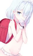 1girl arona_(blue_archive) backpack bag bdsm bikini blue_archive blue_eyes blue_hair bondage bound collarbone eyes_visible_through_hair female_focus gloves hair_over_one_eye highres loli looking_at_viewer questionable randoseru short_hair solo swimsuit usamiusamimii white_bikini white_gloves // 708x1200 // 483.0KB