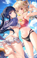 2girls artist_name ass bangs barefoot bikini black_hair blonde_hair blue_sky blush breasts cleavage clothing cup day drinking drinking_glass drinking_straw feet female food frilled_bikini frills fujima_takuya grin hair_ornament hair_ribbon holding inoue_takina long_hair looking_at_viewer looking_back lycoris_recoil medium_breasts multi-strapped_bikini_bottom multiple_girls navel nishikigi_chisato outdoors ponytail purple_eyes questionable red_eyes ribbon sensitive shared_drink short_hair sky smile soles stomach swimsuit tied_hair toes twitter_username v yuri // 758x1198 // 825.5KB