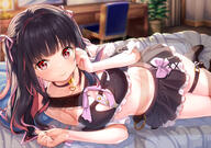 1girl asmr bangs bare_shoulders bed black_hair blush breasts cleavage_cutout clothing_cutout collar detached_sleeves fujima_takuya garter hair_ornament high_resolution long_hair looking_at_viewer lying midriff multicolored_hair navel no_bra official_art on_side original purple_hair questionable red_eyes ribbon safe skirt small_breasts smile socks solo streaked_hair tagme thigh_strap very_high_resolution waifu2x watermark // 4480x3150 // 4.9MB