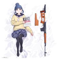 1_female 1girl assault_rifle bed_sheet black_legwear black_pantyhose blue_hair blue_sailor_collar dakimakura dakimakura_(medium) dated dragunov_svd female firearm gelbooru gun hair_bun handgun horikou looking_at_viewer lying necktie no_shoes on_back pantyhose parted_lips pistol point_of_view purple_eyes purple_skirt rifle safe sailor_collar school_uniform schoolgirl_uniform sensitive serafuku shima_rin signature single_hair_bun skirt sniper_rifle solo stechkin_aps sweater uniform violet_eyes weapon weapon_request white_necktie white_neckwear yellow_sweater yuru_camp yurucamp // 1000x1021 // 94.5KB