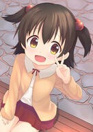 1girl akagi_miria brown_eyes brown_hair hair_bobbles hair_ornament highres idolmaster idolmaster_cinderella_girls lolibooru looking_at_viewer open_mouth red_skirt safe senifu sitting skirt solo twin_tails v // 1190x1684 // 1.2MB