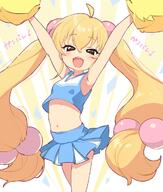 1girl ahoge armpits arms_up bangs blonde_hair blue_shirt blue_skirt blush breasts brown_eyes cheerleader child clothing commentary_request confetti dot_nose eyelashes female female_child flat_chest general hair_between_eyes hair_bobbles hair_ornament half-closed_eyes high_resolution highres jigatei jigatei_(omijin) kodomo_no_jikan kokonoe_rin loli lolibooru long_eyelashes long_hair looking_at_viewer navel open_mouth pettanko polka_dot polka_dot_background pom_pom_(cheerleading) questionable safe sensitive shirt skirt sleeveless sleeveless_shirt small_breasts solo stomach teeth thighs tied_hair translated translation_request twin_tails twintails upper_teeth upper_teeth_only useless_tags very_long_hair yellow_background // 1029x1213 // 168.3KB