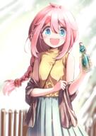 1girl blue_eyes bottle braid d highres holding kagamihara_nadeshiko long_hair looking_at_viewer n2midori open_mouth pink_hair ramune safe sensitive sleeveless smile solo turtleneck yurucamp // 1500x2121 // 3.0MB