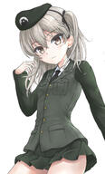 1girl bangs beret black_necktie blush breasts brown_eyes closed_mouth collared_shirt commentary_request der_film emblem fanart fanart_from_pixiv female flipper general girls_und_panzer green_headwear green_jacket green_skirt grey_hair hair_between_eyes hand_up hat highres jacket long_hair looking_at_viewer necktie one_side_up pixiv pleated_skirt selection_university_(emblem) selection_university_military_uniform shimada_alice shimada_arisu shirt simple_background skirt small_breasts solo white_background white_shirt // 1000x1657 // 186.7KB