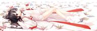 1girl black_hair blush cura female full_body hachiroku_(maitetsu) japanese_clothes long_hair long_image long_sleeves lying maitetsu non-web_source official_art on_back open_mouth origami paper red_eyes s safe sankaku sankaku_channel sensitive solo tabi tagme too_many wafuku wide_image // 1500x488 // 891.0KB