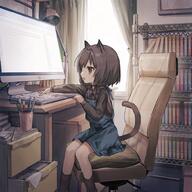 11_aspect_ratio 1girl animal_ears black_legwear black_shirt blue_dress bob_cut book bookshelf brown_eyes brown_hair brown_theme casual cat_ears cat_tail catgirl chair child computer curtains denim_skirt dress feet_out_of_frame female_child fully_clothed general indoors keyboard_(computer) loli medium_hair monitor neoki_ohae open_mouth original overall_skirt roomscape shirt short_hair sitting smile socks solo tail typing window // 1000x1000 // 151.9KB