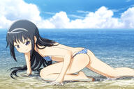 10s 1_female 1girl akemi_homura all_fours ass barefoot bikini black_hair cloud day feet female hairband high_resolution highres legs lolibooru lolibooru.moe long_hair long_legs madoka_magica mahou_shoujo_madoka_magica o-ring o-ring_bottom ocean partially_submerged purple_eyes safe sat-c shiny shiny_skin sky smirk solo striped striped_bikini striped_swimsuit swimsuit swimwear water // 1800x1200 // 947.9KB