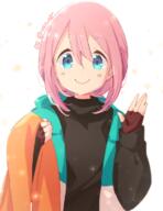 1girl atu bad_id bad_pixiv_id bangs black_sweater blue_eyes fingerless_gloves gloves hair_between_eyes hand_up jacket kagamihara_nadeshiko looking_at_viewer pink_hair safe sensitive sidelocks simple_background smile solo sweater twitter_username upper_body white_background yurucamp // 900x1170 // 615.1KB