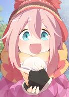 1girl ashita_wa_hitsuji black_gloves blue_eyes blurry blurry_background blush coat day eyebrows_visible_through_hair fingerless_gloves gloves highres kagamihara_nadeshiko long_hair looking_at_viewer open_mouth outdoors pink_coat pink_hair sensitive smile solo upper_body yurucamp // 1000x1399 // 128.5KB