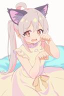 absurdres ahoge animal_ears brown_eyes commentary dress fringe general girl grey_hair hair_between_eyes highres kemonomimi_mode long_hair looking_at_viewer onii-chan_wa_oshimai onii-chan_wa_oshimai! open_mouth oyama_mahiro paw_pose payot ponytail single sleeveless tall_image yellow_dress yuuki_(reiwa) // 2000x3000 // 1.6MB