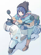 1_female 1girl bag beanie blue_hair boots clothes_removed commentary_request eyebrows eyebrows_visible_through_hair female footwear gelbooru gloves ground_vehicle hat headwear headwear_removed helmet helmet_removed high_resolution highres jacket leaning_against_motorcycle looking_at_viewer motor_vehicle motorcycle multicolored multicolored_clothes multicolored_jacket multicolored_scarf pants pixiv_144415 pixiv_83273828 point_of_view purple_eyes safe sakino_shingetsu scarf scooter sensitive shadow shima_rin simple_background solo striped striped_scarf vehicle violet_eyes winter_clothes yamaha_vino yuru_camp yurucamp zaxzero さきの新月 ゆるキャン△ オートバイ ビーノとしまりん ヤマハ・ビーノ 志摩リン // 1002x1346 // 278.9KB