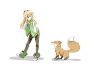 1_female 1girl blonde_hair blue_eyes bow canine casual collarbone commentary_request female footwear fox hair_bow hands_in_pockets high_resolution highres jacket kuro_neko_(artist) legwear legwear_under_shorts long_hair looking_down mammal mature pantyhose pantyhose_under_shorts safe shadow shigure_(sigre) shoelaces shoes shorts simple_background solo toshinou_kyouko white_background yuru_yuri // 1764x1404 // 155.1KB