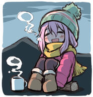 1_female 1girl blush blush_stickers boots breath chibi closed_eyes commentary_request cup d down_jacket female footwear hat headwear jacket kagamihara_nadeshiko knees_up kugelschreiber lolibooru lolibooru.moe long_hair mountain open_mouth outdoors outside pink_hair pink_jacket safe scarf sensitive sitting smile solo steam yuru_camp yurucamp // 771x800 // 118.1KB