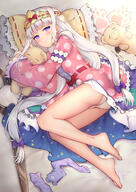 1girl animal_ear_legwear ass aurora_sya_lis_kaymin bangs bare_legs barefoot bed blush bow chaun commentary_request dress eyebrows_visible_through_hair feet frilled_dress frilled_pillow frills full_body hair_bow hairband highres kneehighs kneehighs_removed legs lolibooru long_hair looking_at_viewer lying maou-jou_de_oyasumi o on_side pajamas panties pantsu parted_lips pillow pillow_hug pink_dress polka_dot polka_dot_dress purple_bow purple_eyes purple_legwear purple_socks red_bow ribbon_trim safe scissors sensitive silver_hair socks soles solo stuffed_animal stuffed_toy teddy_bear teddy_demon tiara underwear very_long_hair violet_eyes white_panties white_pantsu // 992x1400 // 1.4MB