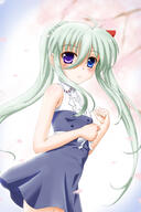 ahoge blue_eyes blush bows_(fashion) braids cherry cherry_blossom dress einhart_stratos exposed expressionless fanart fanart_from_pixiv female flipper flower green_hair hair_bow heterochromia long_hair looking_at_camera mahou_shoujo_lyrical_nanoha_vivid mobile_wallpaper pixiv purple_eyes shoulders sleeveless solo tree twin_tails // 650x975 // 164.2KB