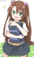 1girl absurdres ahoge bag bangs brown_hair commentary cy_illust004 cynical cynical_(llcbluckg_c004) green_eyes grey_skirt hair_between_eyes hair_ribbon highres holding holding_bag koshigaya_komari light_blush long_hair non_non_biyori notice_lines open_mouth ribbon safe school_bag shirt short_sleeves simple_background sitting skirt smile solo sweater_vest twintails twitter_username two_side_up wariza white_background white_shirt yellow_sweater_vest // 2467x4051 // 1.7MB