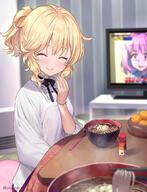 1girl 2d_art ^_^ apron bangs blonde_hair blurry blurry_background bowl bracelet chopsticks closed_eyes commentary_request erokosei eyes_closed facing_viewer female food fruit general idolmaster idolmaster_cinderella_girls indoors jewellery jewelry kappougi kinnotama kinnotamadx kotatsu kotatsu3 lolibooru mandarin_orange matanonki noodles pixiv_86698808 ponytail pov ring s safe sakurai_momoka sankaku sankaku_channel sensitive short_hair short_ponytail smile solo_focus steam table television tied_hair twitter_username wedding_band wedding_ring yumemi_riamu またのんき▼ アイドルマスターシンデレラガールズ アイマス5000users入り タイキック 今年はおだしが違うでしょう？ 全員アウト 割烹着 左手薬指 年越しそば 後ろの存在感 櫻井桃華 照井春佳 笑ってはいけない // 864x1129 // 881.2KB