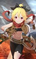 1girl asymmetrical_clothes bandeau bangs belt_buckle bike_shorts bikini_top black_bow black_bra black_pants blonde_hair blush bow bra braid breasts brown_gloves buckle cleavage closed_mouth cloud cloudy_sky crown_braid danbooru day felt_(re_zero) felt_(zero) female frown fur-trimmed_gloves fur_trim gloves hair_between_eyes hair_bow highres looking_at_viewer midriff navel open_shirt outdoors outside pants ponytail re_zero_kara_hajimeru_isekai_seikatsu red_eyes red_scarf running safe scarf short_hair single_pantsleg sky small_breasts solo stomach strapless strapless_bra sunlight swimsuits sword tagme torn_clothes torn_pants torn_scarf underwear v-shaped_eyebrows yande.re zero_kara_hajimeru_isekai_seikatsu // 1260x2048 // 368.7KB