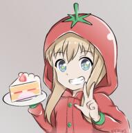 +_+ 1_female 1girl absurd_resolution absurdres artist_name blonde_hair blue_eyes buttons cake cake_slice clenched_teeth commentary_request danbooru danbooru-safebooru female fklars food fruit gelbooru grey_background grin high_resolution highres long_hair looking_at_viewer mature plate pov safe safebooru simple_background slice_of_cake smile solo strawberry teeth tomato_costume toshinou_kyouko w yuru_yuri // 2784x2800 // 1.4MB