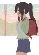 1girl backpack bag bangs black_hair blue_skirt clothing female from_side gelbooru general green_sweater high_resolution highres ichijou_hotaru in_profile long_hair long_sleeves mountain non_non_biyori outdoors ponytail randoseru s safe sankaku school_bag sensitive sign sincos skirt solo sweater tied_hair translated translation_request trg-_(sain) // 1254x1745 // 150.5KB