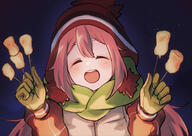 1girl bangs blush brown_headwear closed_eyes coat commentary_request d eyelashes eyes_closed facing_viewer food fuwamoko_momen_toufu gloves green_scarf hands_up happy hat highres holding holding_stick kagamihara_nadeshiko long_sleeves marshmallow night open_mouth outdoors pink_hair safe scarf sensitive sky smile solo stick teeth tongue upper_body upper_teeth upper_teeth_only yurucamp |d // 2047x1447 // 1.0MB