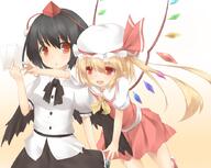 black_hair blonde_hair brown_eyes camera crystal crystal_wings duo female flandre_scarlet hat photo_(object) red_eyes ribbon sakurea shameimaru_aya shirt short_hair side_tail skirt tokin_hat touhou two_girls unusual_colored_wings unusual_wings wings // 880x700 // 108.4KB