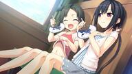 2girls black_hair blush brown_hair clouds cura fan fang female flat_chest game_cg hayase_fukami loli long_hair lose maitetsu minokasa_nagi navel purple_eyes shirt_lift short_hair sky train twintails young // 2560x1440 // 3.2MB